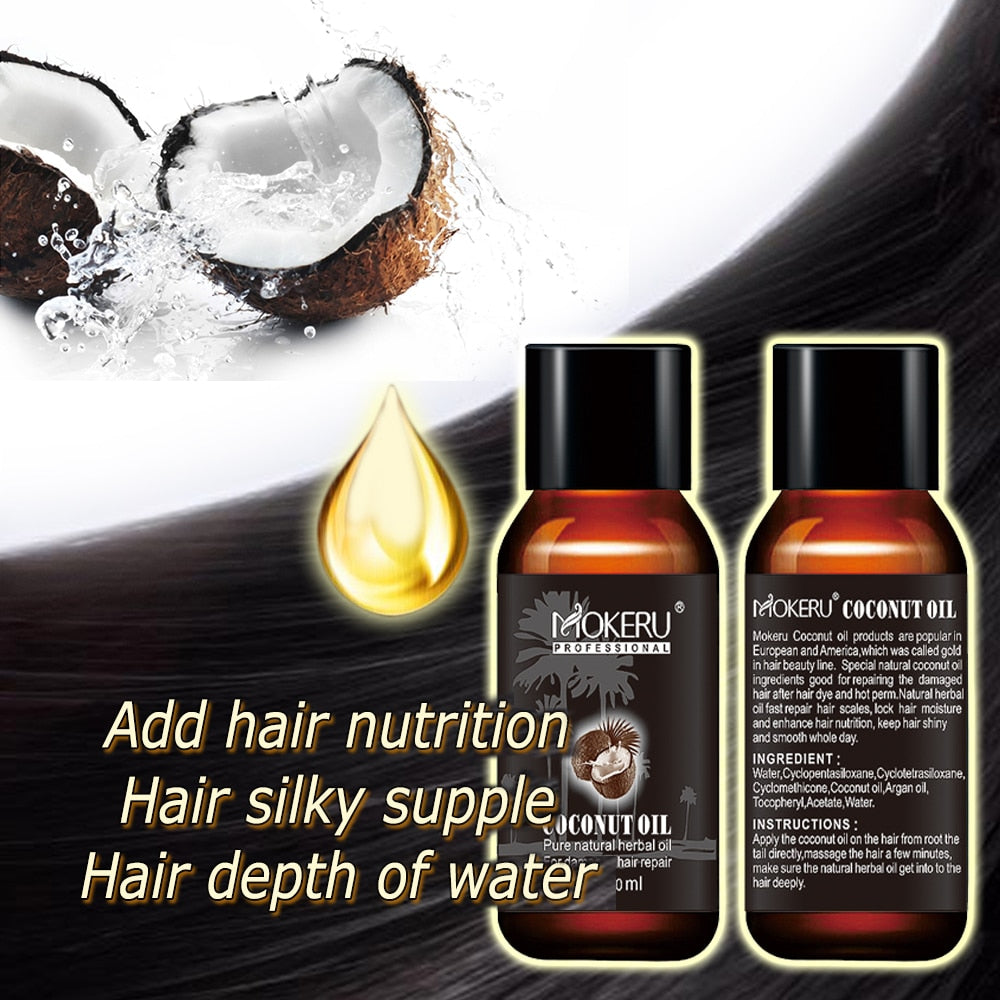 Mokeru 30ml Natural Organic Coconut Hair Oil Repair Smooth Damaged Hair Growth Oil Leave in Conditioner for Hair Care Treatment