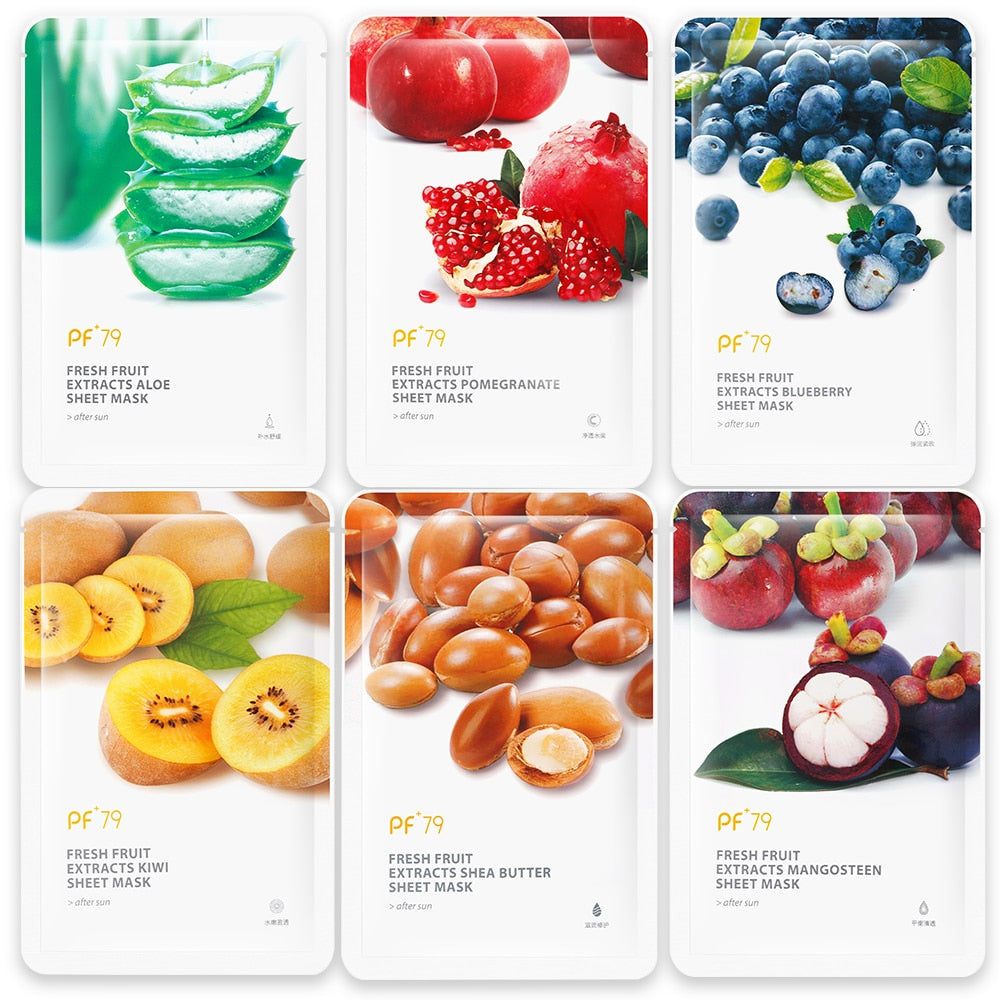 PF79 Skin Care Six Fruit Facial Mask Shea Butter Mangosteen Blueberry Pomegranate Kiwi Fruit Aloe Sheet Mask Face Mask