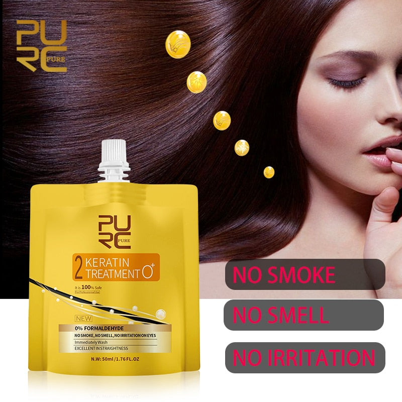 PURC 0% Keratin Treatment Straighten Hair Repair Damaged Frizzy Free Fomalin No Smoke No Irritation Soft Shiny Hair Care 2PCS